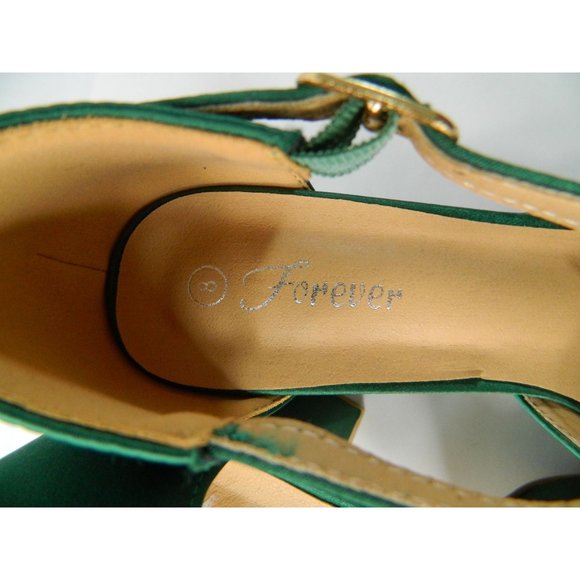 Size 8 Forever Emerald Green Satin Runway Block Heel Closed Toe Shoes Platform - Picture 10 of 16